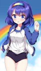 Rule 34 | 1girl, bare legs, black buruma, blue eyes, blue hair, blue sky, blurry, blurry background, blush, breasts, buruma, cloud, collarbone, commentary request, cowboy shot, dot nose, female focus, gym uniform, hair between eyes, hairband, highres, jacket, looking at viewer, multicolored hairband, open clothes, open mouth, rainbow, ruu (tksymkw), shirt, short hair, sky, small breasts, solo, standing, sweatdrop, tenkyuu chimata, touhou, track jacket, white shirt