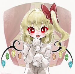 Rule 34 | 1girl, aorin oekaki, blonde hair, buttons, crystal, fang, flandre scarlet, hair between eyes, highres, long hair, one side up, open mouth, red eyes, shirt, sleeves past fingers, sleeves past wrists, solo, touhou, upper body, white shirt, wings