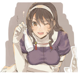 Rule 34 | 1girl, ashigara (kancolle), ashigara kai ni (kancolle), breasts, brown eyes, brown hair, choko (cup), cosmic (crownclowncosmic), cup, drooling, gloves, hair between eyes, hairband, holding, kantai collection, long hair, long sleeves, looking at viewer, medium breasts, mouth drool, one eye closed, open mouth, smile, solo, tokkuri, translation request, upper body, white gloves