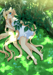 Rule 34 | 1girl, :d, absurdres, against tree, bare legs, barefoot, blonde hair, blue eyes, blurry, blush, breasts, canaca chiyuri, clenched hand, commentary request, dappled sunlight, day, depth of field, dress, eyes visible through hair, feet, foreshortening, frilled dress, frilled sleeves, frills, from above, full body, grass, hair between eyes, hair down, hair spread out, heterochromia, highres, knees together feet apart, leaf, long hair, long legs, looking at viewer, looking up, lying, nakatsu shizuru, on side, open mouth, outdoors, rewrite, short dress, short sleeves, small breasts, smile, soles, solo, sunlight, toes, tree, tree shade, under tree, very long hair, white dress, yellow eyes
