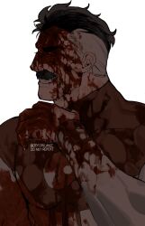 Rule 34 | 1boy, black hair, blood, blood on clothes, blood on face, blood on hands, bodysuit, closed eyes, crystallakec, facial hair, highres, invincible (series), large pectorals, male focus, mature male, multicolored hair, muscular, muscular male, mustache, nolan grayson, omni-man, pectorals, red bodysuit, short hair, smile, solo, teeth, thick mustache, twitter username, two-tone bodysuit, two-tone hair, white bodysuit, white hair