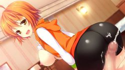 Rule 34 | 1girl, ass, backboob, bed, bike shorts, blush, breasts, breasts out, buttjob, buttjob over clothes, censored, chuablesoft, clothes lift, cum, cum on clothes, ejaculation, erection, from behind, game cg, highres, kunai uri, large breasts, looking back, lying, mosaic censoring, namanie, nipples, no bra, noblesse of rouge, open mouth, orange eyes, orange hair, penis, rubbing, shirt lift, short hair, sitting, sitting on person, tani an