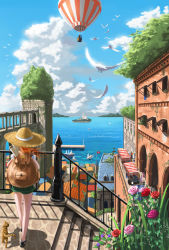Rule 34 | 1girl, aircraft, backpack, bag, balloon, bird, building, cat, cityscape, cloud, day, doora (dora0913), flower, from behind, green shorts, hat, highres, hot air balloon, island, md5 mismatch, ocean, orange hair, outdoors, pink rose, pixiv fantasia, pixiv fantasia new world, purple rose, railing, red rose, rose, scenery, short sleeves, shorts, silhouette, skirt, sky, solo focus, straw hat, upper body, water, wind
