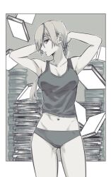 Rule 34 | 1girl, adjusting hair, arms behind head, arms up, blackhiro6, book, book stack, border, breasts, chainsaw man, cleavage, eyepatch, falling books, grey hair, grey tank top, greyscale, highres, long hair, looking at viewer, medium breasts, midriff, monochrome, outside border, panties, ponytail, quanxi (chainsaw man), sideways glance, solo, tank top, underwear, white border