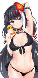 Rule 34 | 1girl, arm up, armpits, azur lane, bare arms, bare shoulders, bikini, black bikini, black hair, blue eyes, blush, breasts, commentary, cowboy shot, deutschland (azur lane), deutschland (service time?!) (azur lane), flower, front-tie bikini top, front-tie top, grin, groin, hair flower, hair ornament, halterneck, hand up, hibiscus, highres, holding, irohara, long hair, looking at viewer, manjuu (azur lane), medium breasts, mole, multicolored hair, navel, official alternate costume, red flower, red hair, revision, sharp teeth, side-tie bikini bottom, simple background, smile, solo, standing, stomach, streaked hair, string bikini, swimsuit, teeth, very long hair, white background, white hair