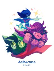 Rule 34 | blue skin, clenched hands, colored skin, copyright name, deltarune, furry, green hat, grin, hair over eyes, hat, holding, holding sword, holding weapon, kris (deltarune), pointing, pokeno255, purple hair, ralsei, red scarf, scarf, smile, studded bracelet, susie (deltarune), sword, teeth, twitter username, weapon