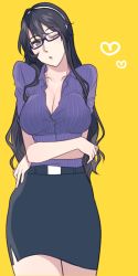 Rule 34 | 10s, 1girl, ashigara (kancolle), bespectacled, black hair, breasts, brown eyes, casual, cleavage, crossed arms, female focus, glasses, hairband, head tilt, kantai collection, large breasts, long hair, meron, one eye closed, simple background, skirt, solo, wavy hair