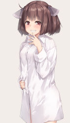 Rule 34 | 1girl, blush, breasts, brown eyes, brown hair, collared shirt, commentary request, dress shirt, grey background, grin, hand up, headgear, highres, kanzen bouon, long sleeves, looking at viewer, naked shirt, shirt, simple background, small breasts, smile, solo, touhoku kiritan, voiceroid, white shirt
