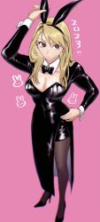 Rule 34 | 1girl, 2023, absurdres, alternate costume, animal ears, black pantyhose, blonde hair, breasts, brown eyes, closed mouth, commentary, earrings, fake animal ears, folded ponytail, full body, fullmetal alchemist, hand on own hip, happy new year, highres, jewelry, large breasts, leotard, long sleeves, looking at viewer, new year, ozaki (tsukiko3), pantyhose, playboy bunny, rabbit ears, riza hawkeye, solo, standing, wrist cuffs