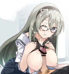 Rule 34 | 00s, 1boy, 1girl, bar censor, blue eyes, blush, bra, bra lift, breasts, breasts out, censored, clannad, cum, cum on body, cum on breasts, cum on eyewear, cum on hair, cum on upper body, facial, glasses, grey hair, hairband, hetero, large breasts, long hair, makusu, nipples, one eye closed, open clothes, open skirt, paizuri, parted lips, penis, pubic hair, puffy nipples, sakagami tomoyo, skirt, solo focus, underwear
