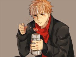 Rule 34 | 10s, 1boy, archer (fate), bad id, bad pixiv id, eating, emiya shirou, fate/extra, fate/stay night, fate (series), male focus, orange hair, pukkun-apple, scarf, simple background, solo, white hair