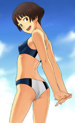 Rule 34 | 00s, 1girl, arms behind back, ass, bad id, bad pixiv id, bikini, brown eyes, brown hair, day, gake no ue no ponyo, interlocked fingers, jas (littlecrime), lisa (ponyo), looking back, mature female, md5 mismatch, open mouth, own hands clasped, own hands together, short hair, sky, solo, studio ghibli, swimsuit