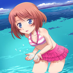 Rule 34 | 10s, 1girl, :d, bikini, bikini skirt, blue eyes, blush, body blush, breasts, brown hair, cardfight!! vanguard, child, cloud, cowboy shot, cupping hands, day, frilled bikini, frills, from side, layered skirt, leaning forward, looking at viewer, meow (nekodenki), ocean, open mouth, outdoors, own hands together, sendou emi, short hair, skirt, sky, small breasts, smile, solo, striped bikini, striped clothes, swimsuit, wading, water