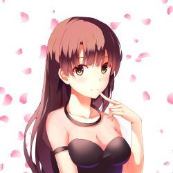 Rule 34 | 1girl, breasts, brown eyes, brown hair, cherry blossoms, cleavage, closed mouth, collarbone, finger to mouth, h1910984490, index finger raised, katou megumi, long hair, looking at viewer, medium breasts, saenai heroine no sodatekata, see-through silhouette, short sleeves, smile, solo, straight hair, upper body, very long hair, white background