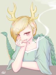 Rule 34 | 1girl, antlers, aqua shirt, artist name, blonde hair, cigarette, collarbone, commentary request, cube85, dragon horns, dragon tail, grey background, grin, hand up, head rest, highres, horns, kicchou yachie, looking at viewer, mouth hold, pink eyes, shirt, short hair, short sleeves, simple background, smile, smoke, solo, swept bangs, tail, thick eyebrows, touhou, upper body