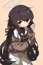 Rule 34 | 1girl, amonitto, black eyes, black hair, black undershirt, blue archive, blush, book, hair ribbon, hairband, halo, highres, holding, holding book, jewelry, light brown background, long hair, long skirt, looking at viewer, neckerchief, hugging object, parted lips, pendant, purple hairband, purple neckerchief, ribbon, sailor collar, school uniform, serafuku, simple background, skirt, sleeves past wrists, solo, ui (blue archive), very long hair, white sailor collar, white serafuku, white skirt