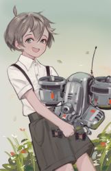 Rule 34 | 1boy, :d, absurdres, ahoge, brown shorts, grass, grey eyes, grey hair, highres, looking at viewer, male focus, non-humanoid robot, open mouth, original, polilla, robot, shirt, short shorts, short sleeves, shorts, skirt, smile, solo, standing, suspender shorts, suspenders, white shirt, wolfenstein