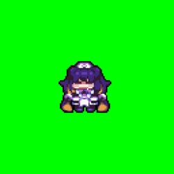 Rule 34 | 1girl, animated, animated gif, bombergirl, brown eyes, chibi, commentary request, dress, full body, green background, hat, highres, long hair, looking at viewer, looping animation, medium bangs, nurse cap, open mouth, pixel art, prune (bombergirl), purple dress, purple hair, shoes, simple background, solo, tonchamon san, two-tone dress, very long hair, white dress