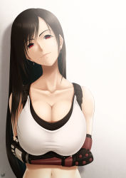 Rule 34 | 1girl, absurdres, arms under breasts, breasts, brown hair, cleavage, collarbone, crop top, crossed arms, earrings, final fantasy, final fantasy vii, final fantasy vii remake, gloves, gradient background, highres, jewelry, large breasts, long hair, looking at viewer, navel, red eyes, signature, smile, smug, solo, sports bra, suspenders, tifa lockhart, two-tone gloves, upper body, very long hair, yama-michi