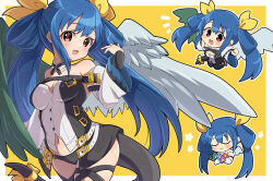 Rule 34 | 1girl, angel wings, asymmetrical wings, blue flower, blue hair, bow, breasts, chibi, dark blue hair, detached sleeves, dizzy (guilty gear), feathered wings, flower, green wings, guilty gear, guilty gear xrd, guilty gear xx, hair bow, hair rings, highres, itsuka neru, large breasts, open mouth, pink flower, red eyes, red flower, ribbon, tail, tail ornament, tail ribbon, white wings, wings, yellow background, yellow ribbon