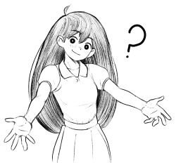 Rule 34 | 1girl, ?, cabronpr, commentary, greyscale, highres, long hair, mari (omori), monochrome, omori, outstretched arms, pleated skirt, polo shirt, puffy short sleeves, puffy sleeves, short sleeves, skirt, smile, solo, symbol-only commentary