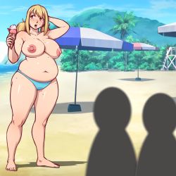 Rule 34 | 1girl, belly, better-with-salt, blonde hair, breasts, brown eyes, fairy tail, highres, large breasts, lucy heartfilia, nipples, plump, standing, topless