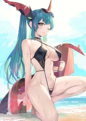 Rule 34 | 1girl, azur lane, beach, black one-piece swimsuit, blue hair, blue sky, breasts, choker, dragon horns, eyewear on head, highres, horns, large breasts, long hair, looking at viewer, mechanical horns, mechanical tail, navel, ocean, on one knee, one-piece swimsuit, one eye closed, parted lips, pi (p77777778), regensburg (azur lane), regensburg (dark dragon brilliant beach) (azur lane), sky, slingshot swimsuit, solo, spiked choker, spikes, stomach, strap gap, sunglasses, swimsuit, tail, very long hair, wet, yellow eyes