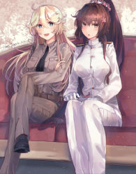 Rule 34 | 2girls, alternate costume, belt, blonde hair, breasts, brown eyes, brown hair, collared vest, crossed arms, gloves, grey eyes, highres, himeyamato, iowa (kancolle), kantai collection, large breasts, crossed legs, long hair, military, military uniform, multiple girls, naval uniform, pants, star-shaped pupils, star (symbol), symbol-shaped pupils, uniform, vest, yamato (kancolle)