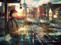 Rule 34 | 1girl, absurdres, backlighting, backpack, bag, black hair, black skirt, building, cardigan, chain-link fence, city, fence, from side, hands in pockets, highres, jacket, lens flare, miniskirt, neckerchief, original, outdoors, overhead line, power lines, railroad signal, railroad tracks, reflection, revision, sailor collar, sakura inu (itoyatomo), scenery, short hair, skirt, solo, standing, sunset, tactile paving, traffic light, train station, twilight, vanishing point, white jacket