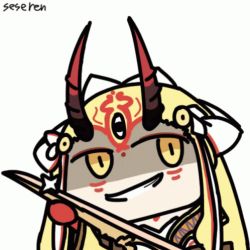 Rule 34 | 1girl, animated, animated gif, fate/grand order, fate (series), grin, horns, ibaraki douji (fate), lowres, seseren, smile, sword, weapon