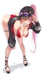 Rule 34 | 1girl, absurdres, ama2oil, anchor symbol, ass, bare legs, bent over, bikini, black headwear, black jacket, blush, breasts, cleavage, eyewear on head, feet, full body, hanging breasts, heart, heart-shaped eyewear, heart necklace, heterochromia, highres, hololive, houshou marine, houshou marine (summer), jacket, jewelry, long hair, looking at viewer, medium breasts, necklace, open mouth, plaid, ponytail, red bikini, red eyes, red hair, sandals, simple background, smile, solo, sunglasses, swimsuit, toes, virtual youtuber, wet, white background, yellow eyes
