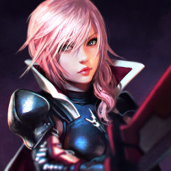 Rule 34 | 10s, 1girl, armor, blue eyes, chromatic aberration, final fantasy, final fantasy xiii, ilya kuvshinov, lightning farron, lips, long hair, looking at viewer, md5 mismatch, pink hair, popped collar, realistic, simple background, smile, solo, square enix, sword, upper body, weapon
