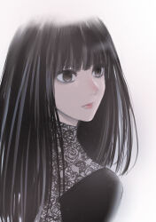 1girl black_dress black_eyes black_hair dress fishnets goekakisan_(adelma) highres long_hair long_sleeves osaragi_(sakamoto_days) sakamoto_days see-through_clothes see-through_sleeves simple_background solo upper_body