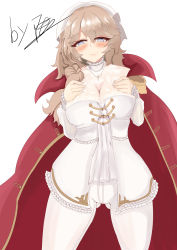 Rule 34 | 1girl, absurdres, alternate breast size, alternate hairstyle, blonde hair, blue eyes, blush, bow, braid, breast hold, breasts, bright pupils, cleavage, cloak, collar, collarbone, dress, epaulettes, eyelashes, fingernails, frilled collar, frilled sleeves, frills, girls&#039; frontline, grey bow, hair bow, hair over shoulder, hands on own breasts, highres, jewelry, kerchief, lace, large breasts, lilypachu, lingerie, lips, looking at viewer, mature female, messy hair, aged up, open cloak, open clothes, pantyhose, pendant, see-through, short dress, signature, simple background, single braid, smile, solo, tareme, thighs, underwear, webley (girls&#039; frontline), white background, white dress, white pantyhose, white pupils