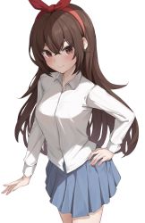 Rule 34 | 1girl, absurdres, alternate costume, amber (genshin impact), blue skirt, blush, brown eyes, brown hair, closed mouth, collared shirt, commentary request, cowboy shot, dress shirt, genshin impact, hairband, hand on own hip, highres, long hair, long sleeves, looking at viewer, miniskirt, pharamacom, pleated skirt, red hairband, shirt, simple background, skirt, smile, solo, very long hair, white background, white shirt