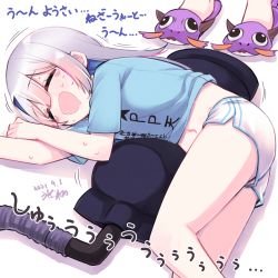 Rule 34 | 2girls, amane kanata, blue shirt, blush, clothes writing, commentary request, dated, drooling, closed eyes, hikawa shou, hololive, kiryu coco, long hair, lying, multicolored hair, multiple girls, navel, on side, open mouth, pink hair, shirt, short shorts, short sleeves, shorts, silver hair, simple background, sweat, t-shirt, tears, thighs, translation request, two-tone hair, virtual youtuber, white background, white shorts