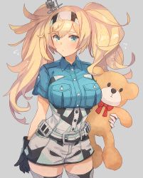 Rule 34 | 1girl, belt, blonde hair, blouse, blue eyes, blue shirt, breast pocket, breasts, collared shirt, cowboy shot, gambier bay (kancolle), gloves, grey background, hairband, kantai collection, kasumi (skchkko), large breasts, multicolored clothes, multicolored gloves, narrow waist, pocket, shirt, shorts, simple background, solo, stuffed animal, stuffed toy, teddy bear, thighhighs, twintails, white thighhighs