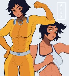 Rule 34 | 1girl, abs, absurdres, alex (totally spies), bare arms, belt, biceps, black hair, bodysuit, brown eyes, catsuit, character name, clenched hand, closed mouth, clothes lift, covered abs, covered navel, dark-skinned female, dark skin, flexing, freckles, hand on own hip, heart, highres, multiple views, muscular, muscular female, parted lips, porqueloin, shirt, shirt lift, short hair, sideways glance, simple background, sleeveless, sleeveless shirt, smile, tank top, teeth, totally spies, white background, white belt, white shirt, yellow bodysuit, zipper