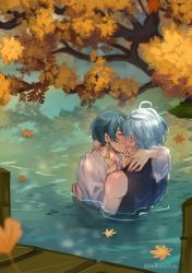 Rule 34 | 2boys, aged up, autumn, bare shoulders, bishounen, black bodysuit, blue hair, bodysuit, bridge, chongyun (genshin impact), closed eyes, commentary, couple, day, earrings, english commentary, faceless, faceless male, floating, floating object, french kiss, genshin impact, grabbing, hands on another&#039;s face, hands on another&#039;s waist, jewelry, kiss, lake, looking at another, male focus, mikanchii, multiple boys, outdoors, partially submerged, reflection, reflective water, single earring, standing, tank top, tassel, tassel earrings, toned, toned male, water, xingqiu (genshin impact), yaoi