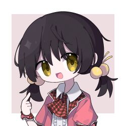 Rule 34 | 1girl, ascot, black hair, border, buttons, chibi, collared dress, commentary, dress, hair bobbles, hair ornament, happy, highres, inset border, kaai yuki, kaai yuki (vocaloid4), looking at viewer, low twintails, open mouth, plaid, plaid ascot, pointing, pointing at self, puffy short sleeves, puffy sleeves, red ascot, red background, red dress, short hair, short sleeves, short twintails, smile, solo, twintails, upper body, vocaloid, white border, xiaoxigezitang, yellow eyes