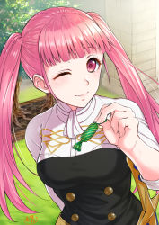 Rule 34 | 1girl, blunt bangs, candy, closed mouth, fire emblem, fire emblem: three houses, food, garreg mach monastery uniform, hilda valentine goneril, holding, long hair, nintendo, one eye closed, pink eyes, pink hair, sheath, sheathed, sleeves rolled up, smile, solo, soyo2106, standing, twintails, uniform, upper body