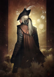 Rule 34 | 1girl, artist name, black jacket, black ribbon, bloodborne, brown gloves, cape, closed mouth, door, flower, gloves, hair ribbon, hat, hat feather, highres, jacket, lady maria of the astral clocktower, light, long hair, long sleeves, looking back, open door, ponytail, red cape, ribbon, solo, teradiam, tricorne, white hair, yellow flower