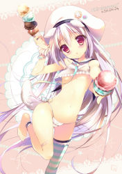 Rule 34 | 1girl, :o, animal ears, ankle cuffs, bandaid, barefoot, blush, bracelet, breasts, crop top, crop top overhang, dog ears, dog tail, feet, food, hat, head tilt, holding, ice cream, ice cream cone, jewelry, light purple hair, navel, original, outstretched arm, panties, print panties, red eyes, shiny skin, shiratama (shiratamaco), shiroi inu, side-tie panties, single thighhigh, small breasts, solo, striped clothes, striped thighhighs, tail, thighhighs, underboob, underwear, white panties
