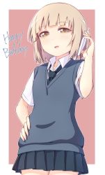 Rule 34 | 1girl, :d, arm up, bad id, bad pixiv id, black necktie, black skirt, blunt bangs, blush, border, brown eyes, cellphone, collared shirt, commentary, cowboy shot, english text, grey sweater vest, hand on own hip, happy birthday, highres, holding, holding phone, light brown hair, looking at viewer, loose necktie, necktie, oomuro-ke, oomuro nadeshiko, open mouth, outdoors, outline, outside border, phone, pink background, pleated skirt, pontasu, school uniform, shirt, short hair, short sleeves, simple background, skirt, smile, solo, standing, sweater vest, talking on phone, white border, white outline, white shirt, yuru yuri