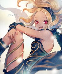 Rule 34 | 1girl, armpit crease, arms on knees, artist name, asatori (ekisuzikara), bare shoulders, black footwear, black headband, black scarf, blonde hair, blush, bodysuit, breasts, commentary request, dark skin, detached sleeves, flying, from side, gold trim, gradient background, gravity daze, headband, kitten (gravity daze), knees up, light particles, long hair, looking at viewer, medium breasts, open mouth, red eyes, scarf, smile, solo, teeth, tongue