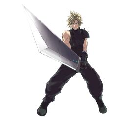 Rule 34 | 1boy, armor, baggy pants, black gloves, blonde hair, blue pants, blue shirt, buster sword, cloud strife, crazy02oekaki, fighting stance, final fantasy, final fantasy vii, final fantasy vii remake, full body, furrowed brow, gloves, glowing, glowing eyes, hair between eyes, highres, holding, holding sword, holding weapon, male focus, materia, muscular, muscular male, pants, shirt, short hair, shoulder armor, single bare shoulder, sleeveless, sleeveless turtleneck, solo, spiked hair, suspenders, sword, turtleneck, weapon