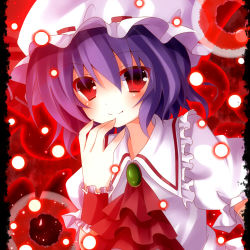 Rule 34 | 1girl, ascot, blue hair, blush, face, female focus, hat, lowres, mogu (au1127), puffy sleeves, red eyes, remilia scarlet, short hair, short sleeves, smile, solo, touhou, wrist cuffs