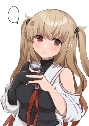 Rule 34 | ..., 1girl, absurdres, asymmetrical clothes, black serafuku, brown eyes, gradient hair, heterochromia, highres, kantai collection, light brown hair, long hair, looking at viewer, multicolored hair, murasame (kancolle), murasame kai ni (kancolle), own hands clasped, own hands together, red eyes, sailor collar, school uniform, serafuku, shirasumato, simple background, solo, spoken ellipsis, two side up, upper body, white background, white sailor collar