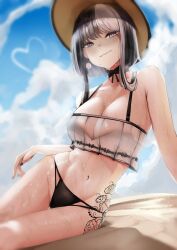 Rule 34 | 1girl, absurdres, bikini, black bikini, black hair, black nails, blue sky, blush, breasts, bright pupils, cleavage, closed mouth, cloud, commentary, day, earrings, eiko orihime, english commentary, grey eyes, hat, highres, indie virtual youtuber, jewelry, large breasts, leaning to the side, leg tattoo, long hair, looking at viewer, mismatched bikini, mole, mole under eye, mole under mouth, multicolored hair, nail polish, navel, outdoors, pupi (rain prophet), sitting, sky, solo, stomach, sweat, swimsuit, tattoo, two-tone hair, virtual youtuber, white bikini, white hair