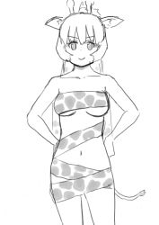 Rule 34 | 1girl, animal ear fluff, animal ears, animal print, bare arms, bare shoulders, breasts, collarbone, commentary request, cowboy shot, giraffe ears, giraffe girl, giraffe horns, giraffe print, giraffe tail, greyscale, hands on own hips, highres, horns, kemono friends, long hair, looking at viewer, medium breasts, monochrome, murakami kou (raye), navel, reticulated giraffe (kemono friends), sketch, smile, solo, tail, underboob